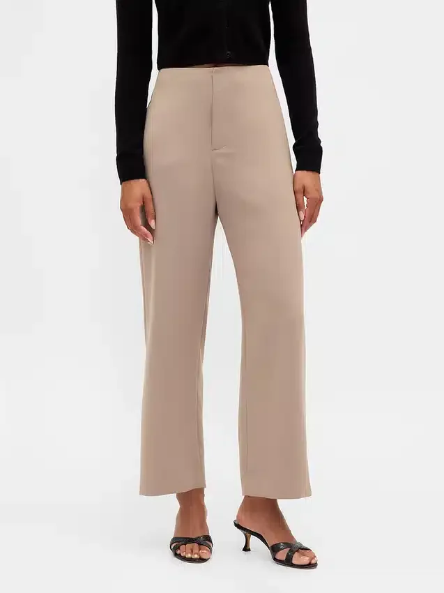Pantalon droit à taille haute en sergé, longueur cheville