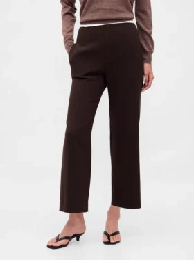 Pantalon droit à taille haute en sergé, longueur cheville