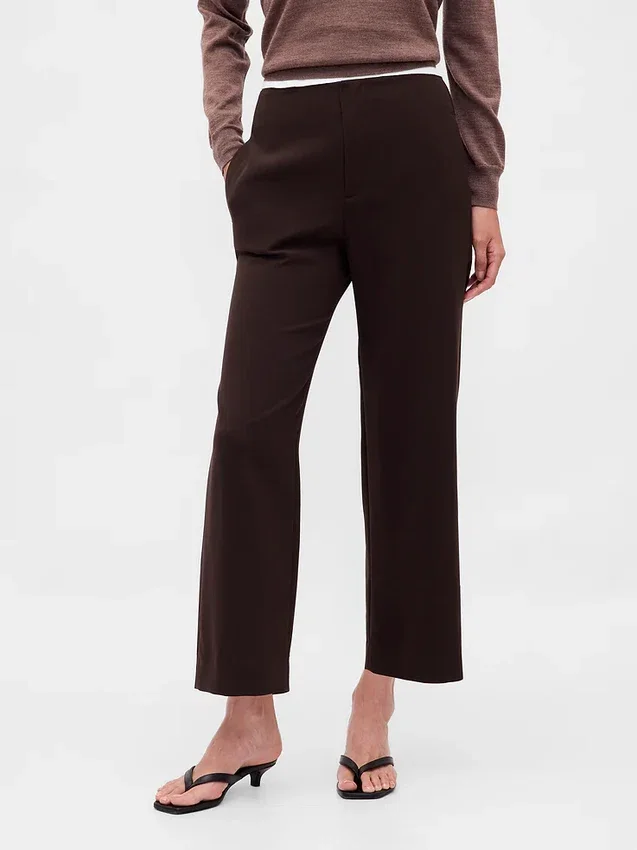 Pantalon droit à taille haute en sergé, longueur cheville