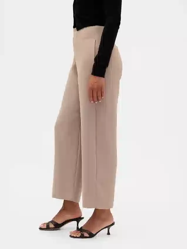 Pantalon droit à taille haute en sergé, longueur cheville