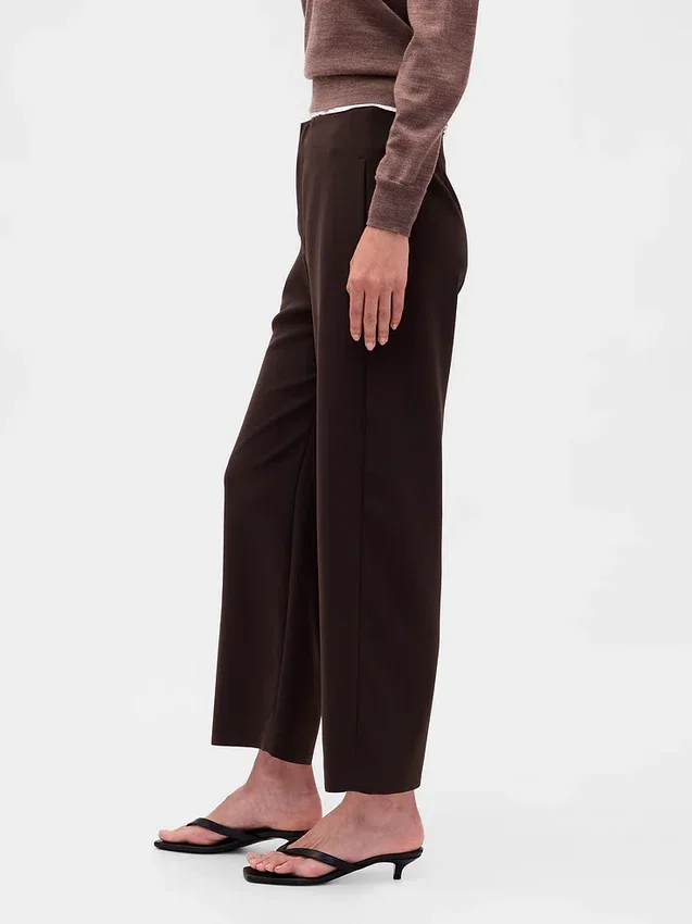 Pantalon droit à taille haute en sergé, longueur cheville