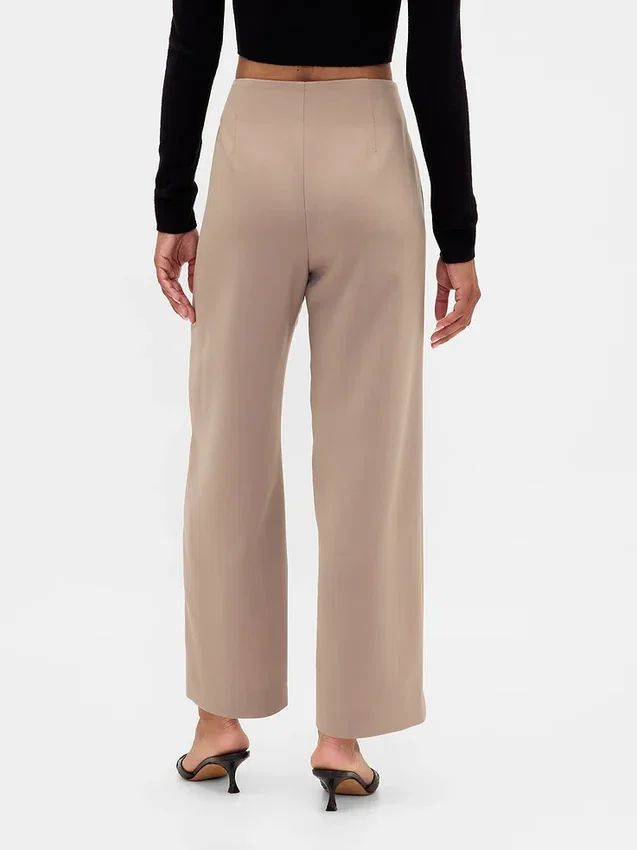 Pantalon droit à taille haute en sergé, longueur cheville