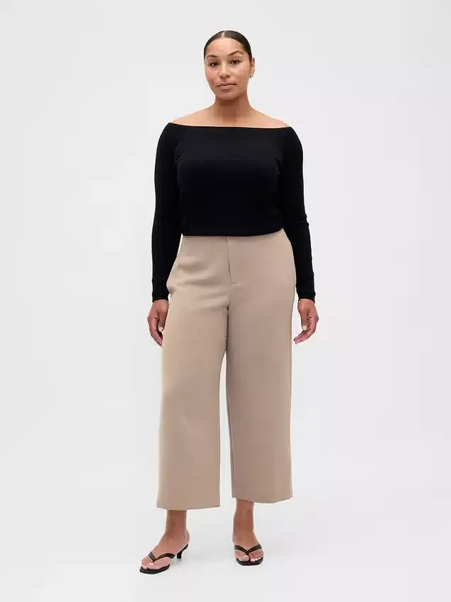 Pantalon droit à taille haute en sergé, longueur cheville