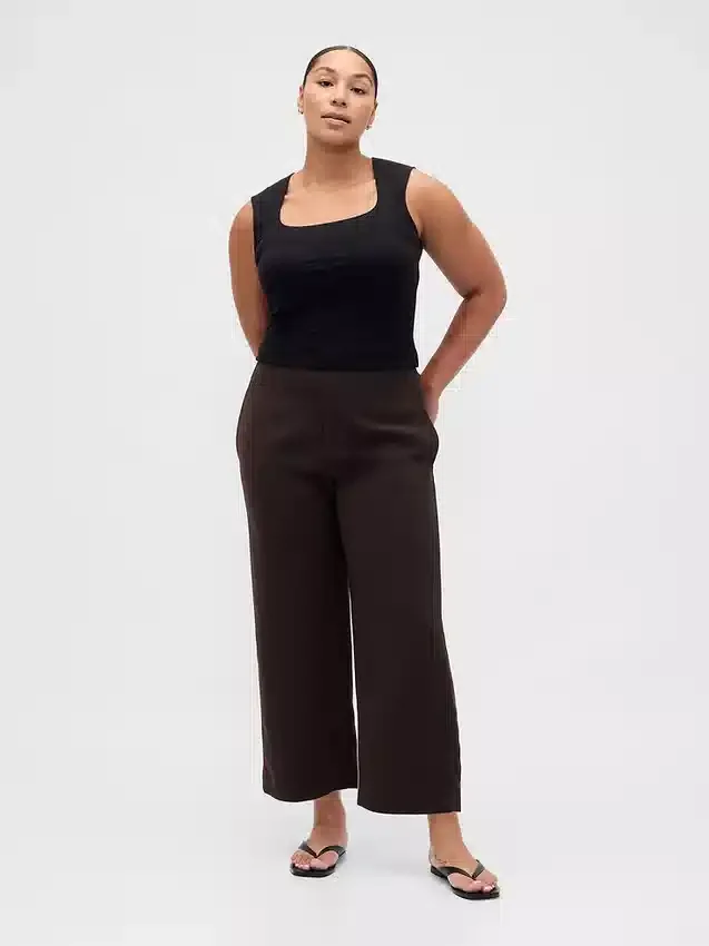Pantalon droit à taille haute en sergé, longueur cheville