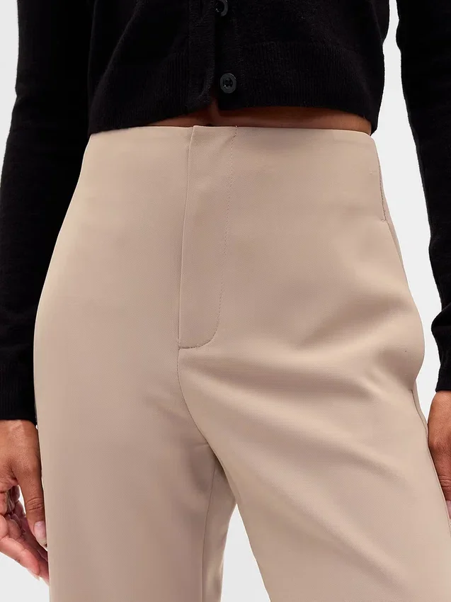 Pantalon droit à taille haute en sergé, longueur cheville