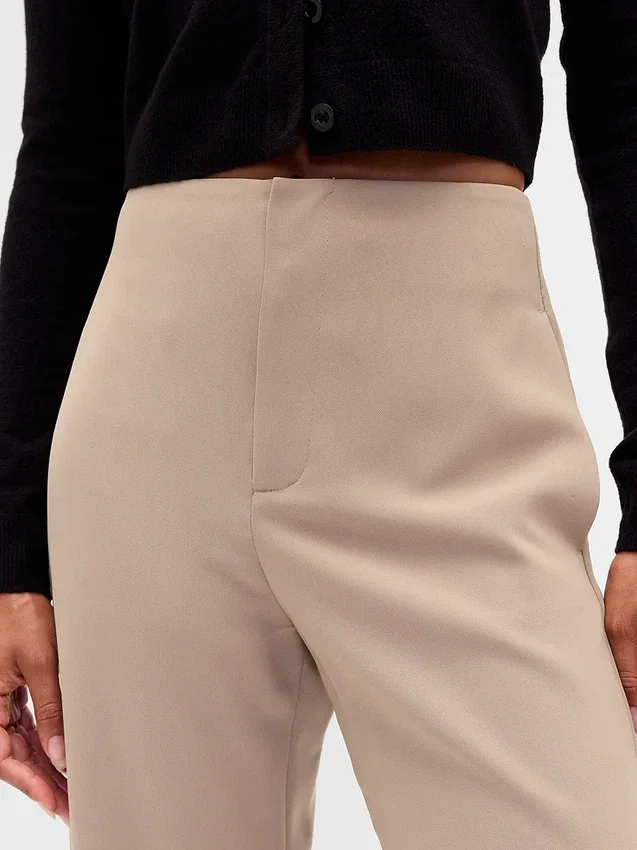 Pantalon droit à taille haute en sergé, longueur cheville