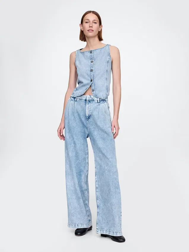 Pantalon en denim plissé ultra-doux à taille haute 365