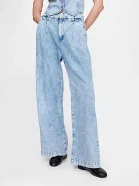 Pantalon en denim plissé ultra-doux à taille haute 365
