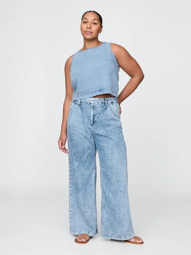 Pantalon en denim plissé ultra-doux à taille haute 365