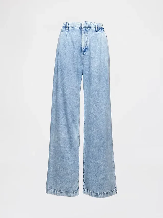 Pantalon en denim plissé ultra-doux à taille haute 365