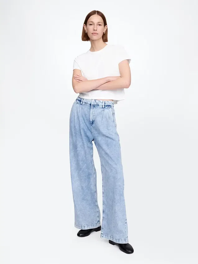 Pantalon en denim plissé ultra-doux à taille haute 365