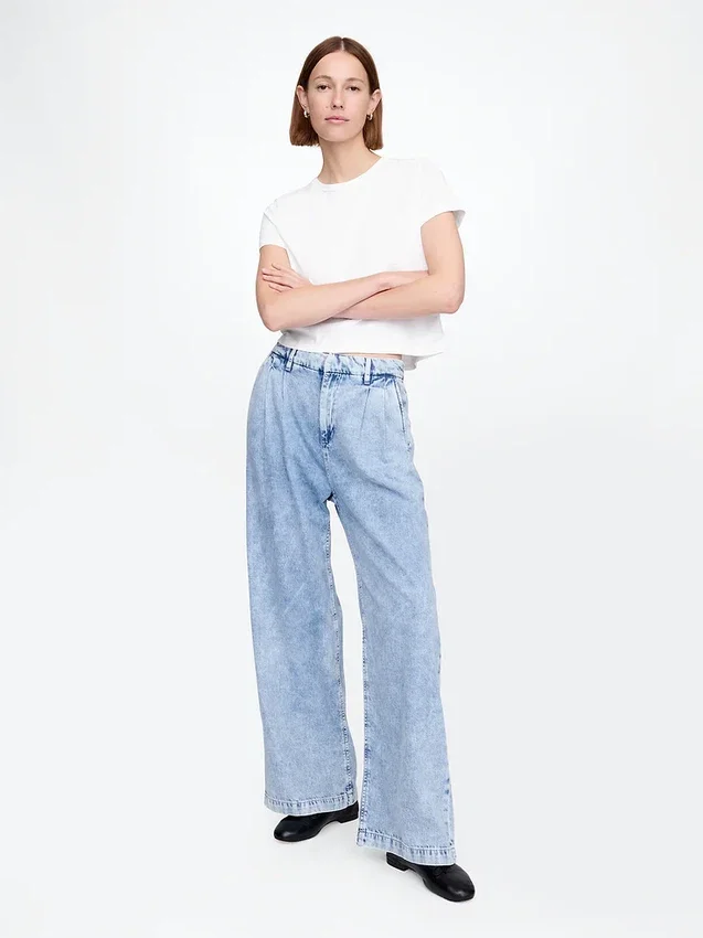 Pantalon en denim plissé ultra-doux à taille haute 365