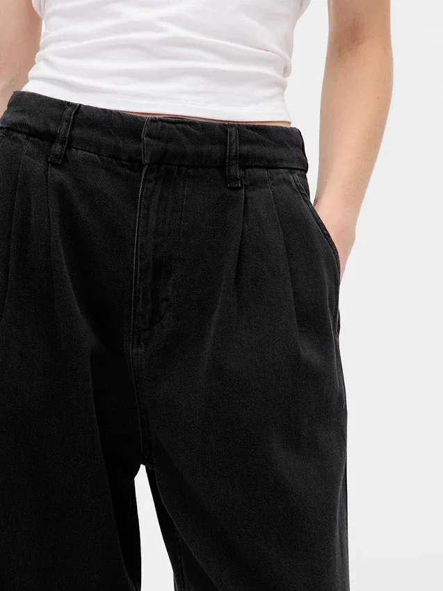Pantalon en denim plissé ultra-doux à taille haute 365