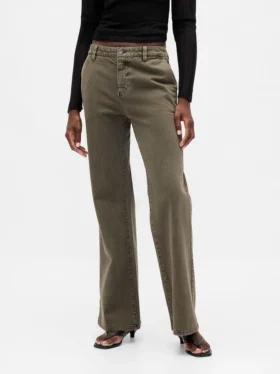 Pantalon kaki évasé à taille basse et coupe décontractée