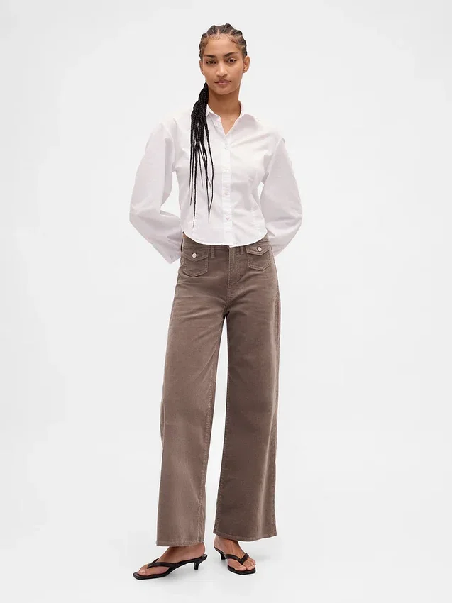 Pantalon large en velours côtelé à taille haute