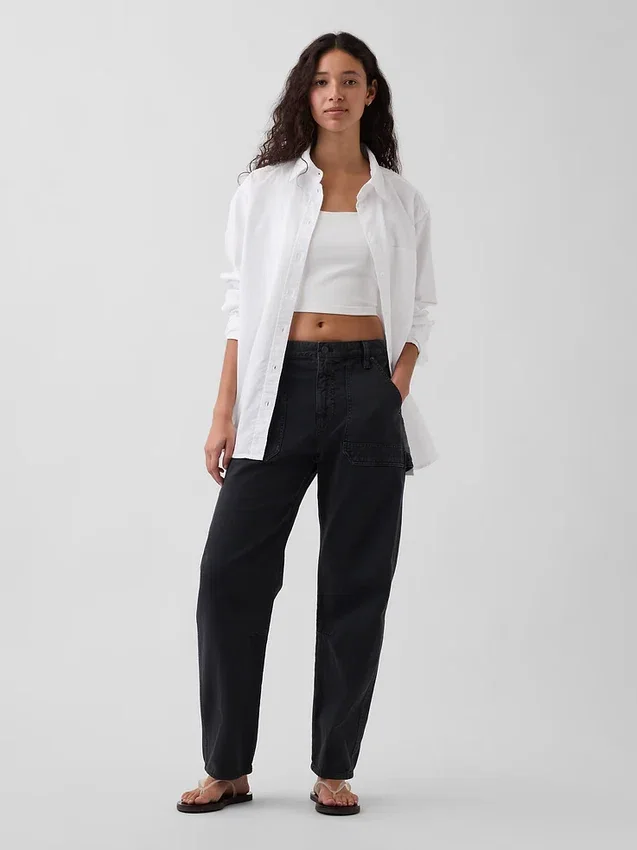 Pantalon utilitaire taille moyenne, coupe large, longueur cheville