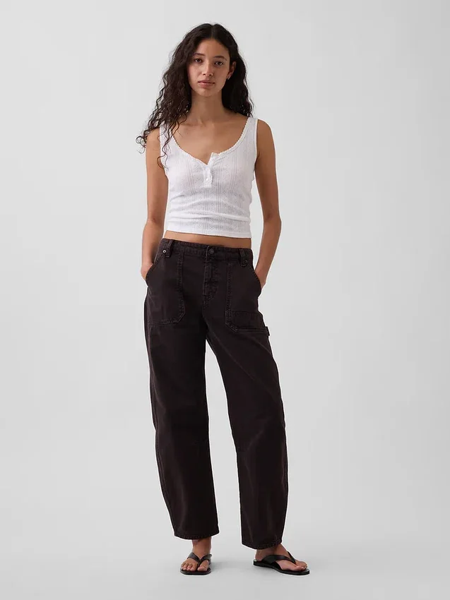 Pantalon utilitaire taille moyenne, coupe large, longueur cheville