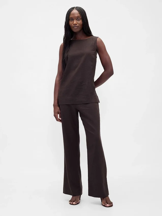 Pantalon évasé taille basse en mélange de lin