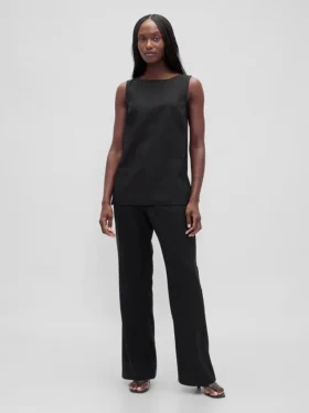 Pantalon évasé taille basse en mélange de lin