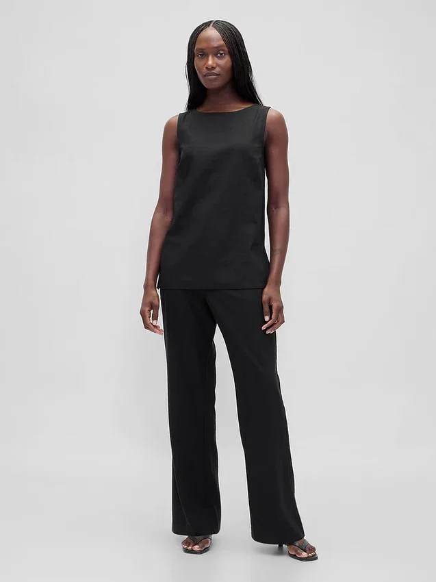 Pantalon évasé taille basse en mélange de lin