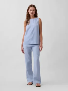 Pantalon évasé taille basse en mélange de lin