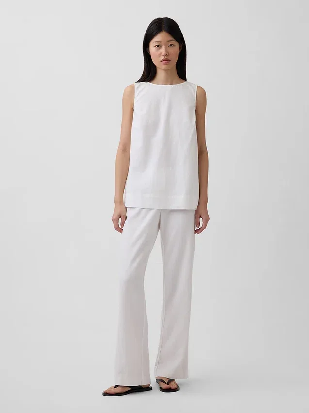 Pantalon évasé taille basse en mélange de lin