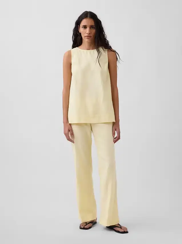 Pantalon évasé taille basse en mélange de lin