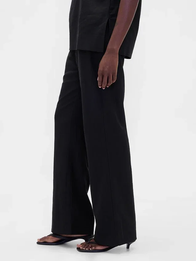Pantalon évasé taille basse en mélange de lin