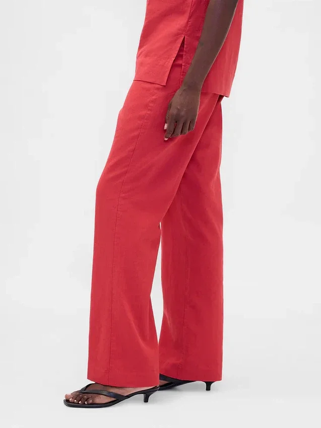 Pantalon évasé taille basse en mélange de lin