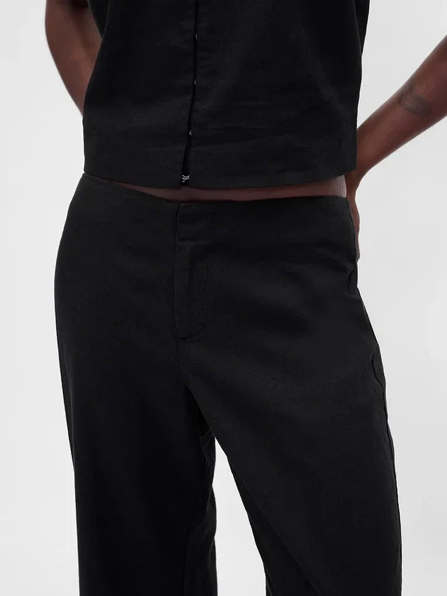Pantalon évasé taille basse en mélange de lin