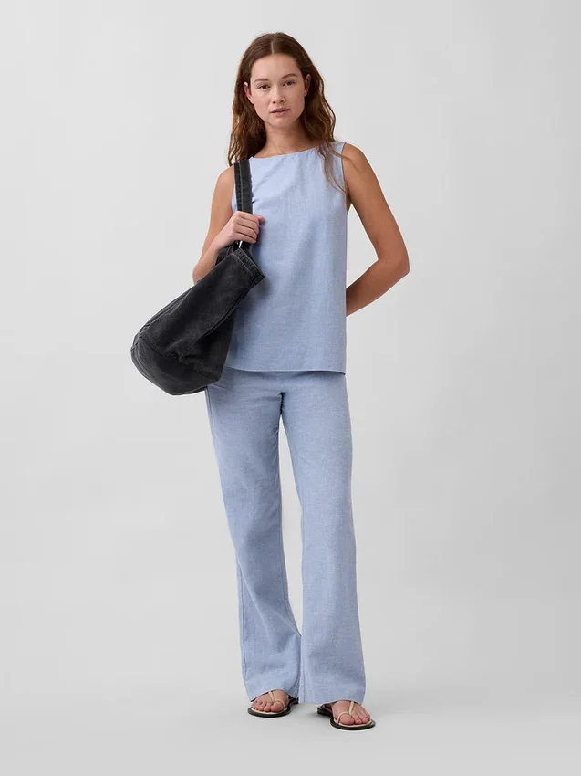 Pantalon évasé taille basse en mélange de lin