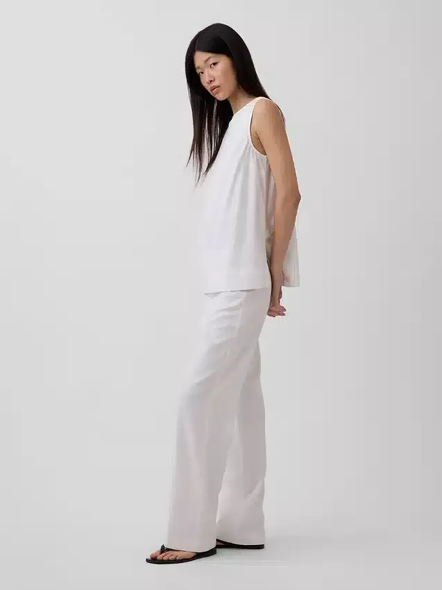 Pantalon évasé taille basse en mélange de lin