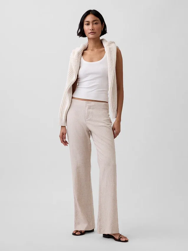 Pantalon évasé taille basse en mélange de lin