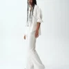 Pantalon évasé taille basse en mélange de lin