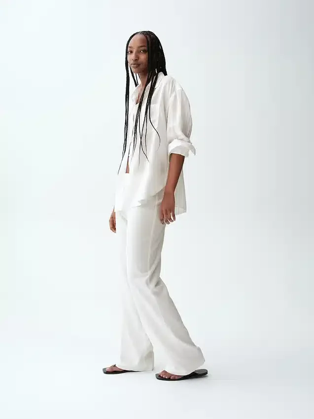 Pantalon évasé taille basse en mélange de lin