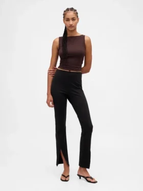 Pantalon évasé taille haute en double maille à ourlet fendu