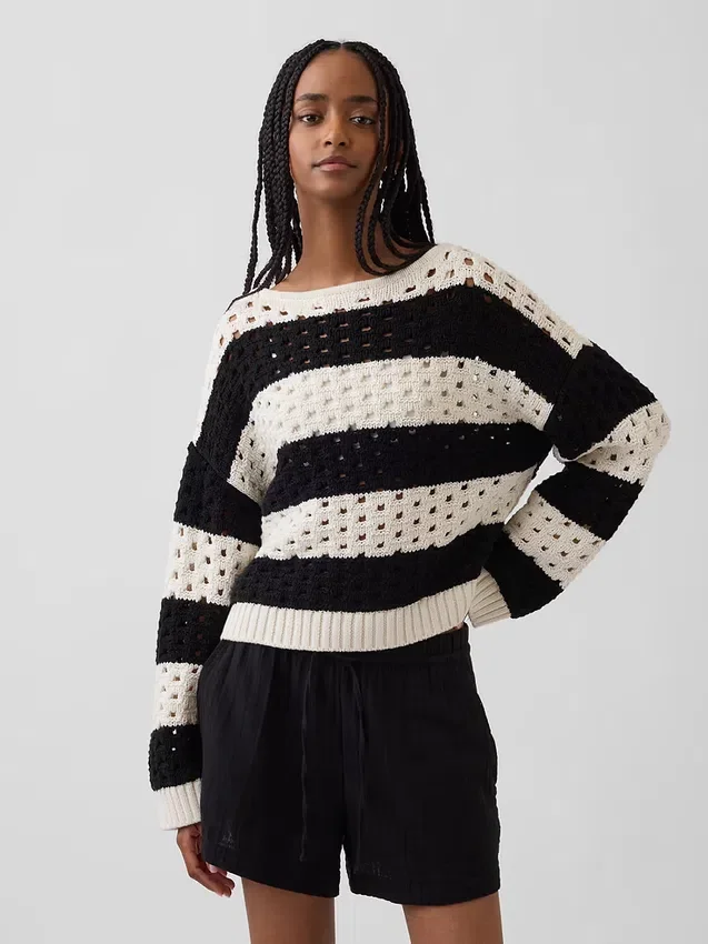 Pull à col bateau en crochet 100 % coton