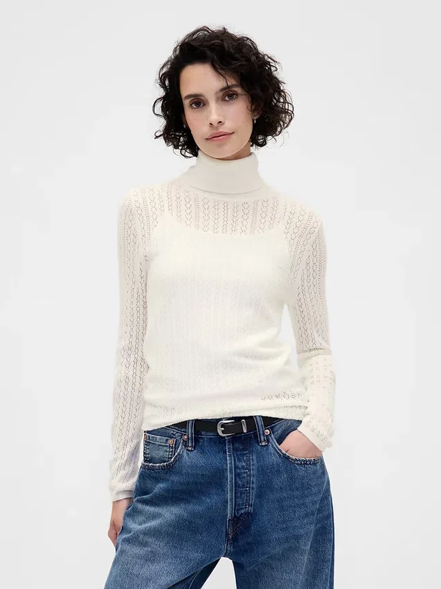 Pull à col roulé en maille pointelle