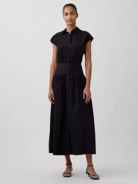 Robe-chemise longue en popeline à taille basse