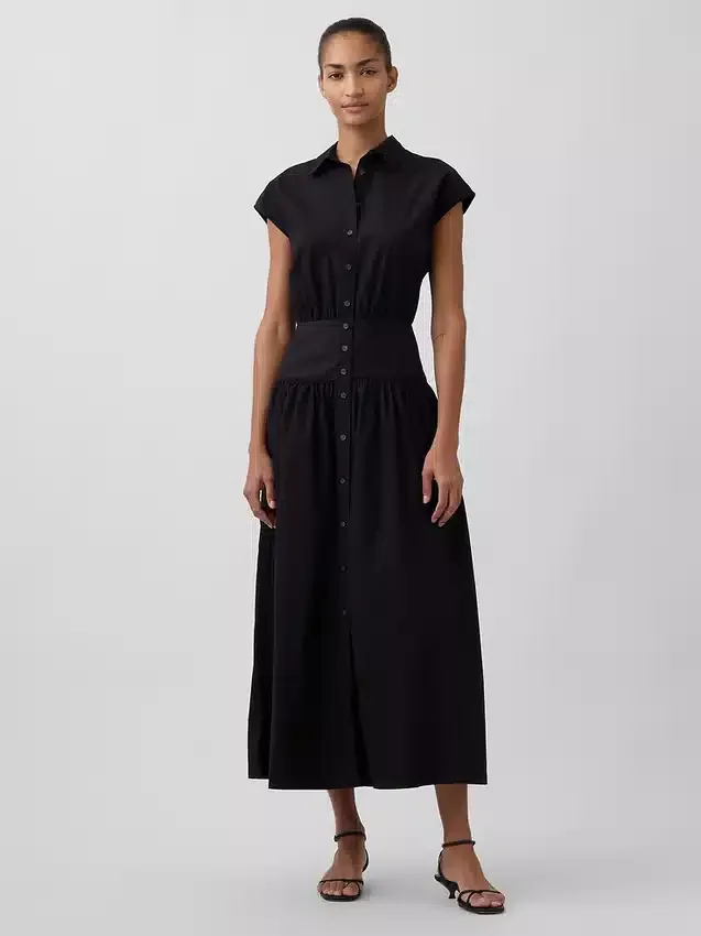 Robe-chemise longue en popeline à taille basse