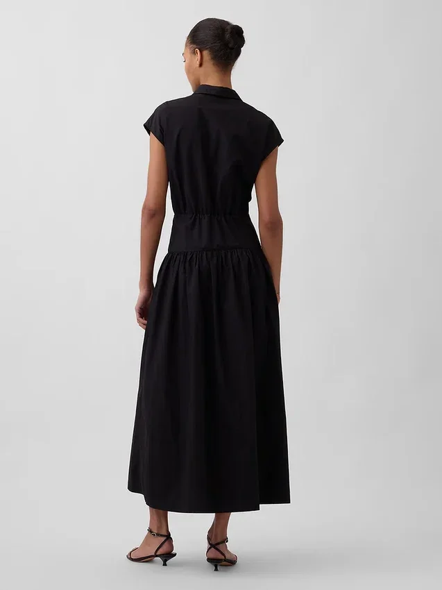 Robe-chemise longue en popeline à taille basse