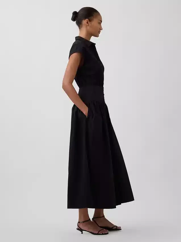 Robe-chemise longue en popeline à taille basse