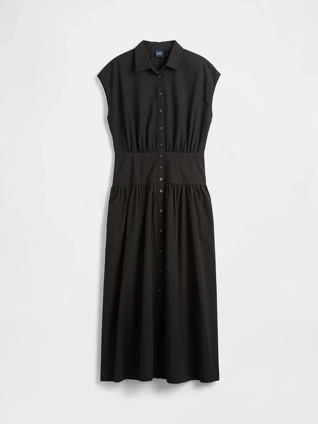Robe-chemise longue en popeline à taille basse