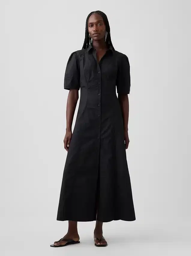 Robe chemise longue à manches bouffantes