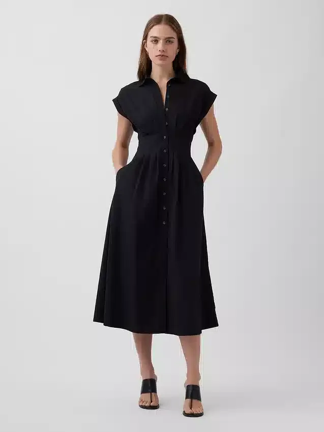 Robe chemise mi-longue cintrée en popeline