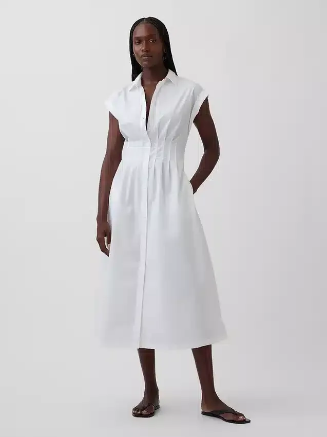 Robe chemise mi-longue cintrée en popeline