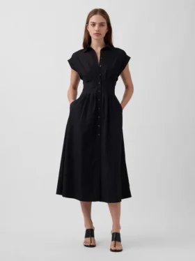 Robe chemise mi-longue cintrée en popeline