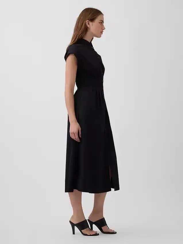 Robe chemise mi-longue cintrée en popeline