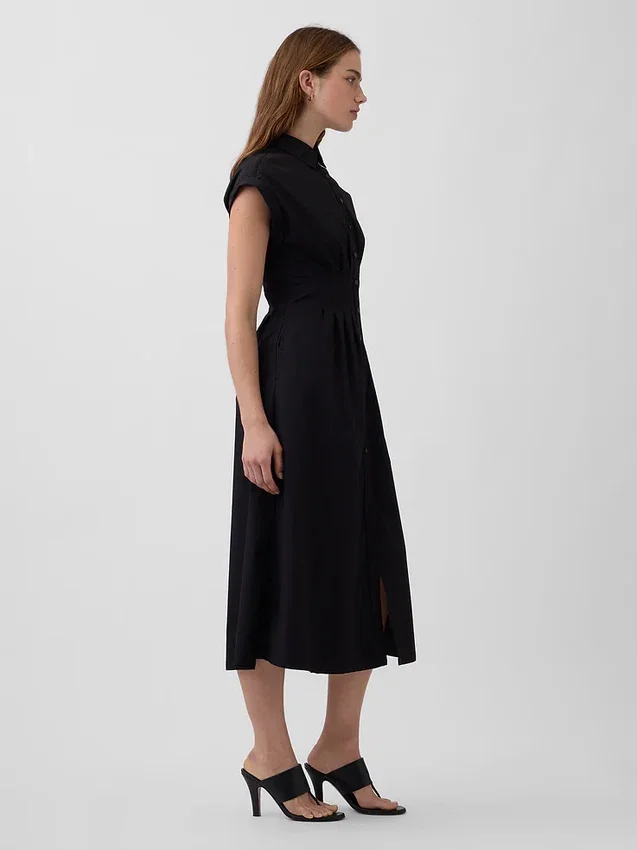 Robe chemise mi-longue cintrée en popeline