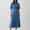 Robe chemise mi-longue en denim à manches bouffantes